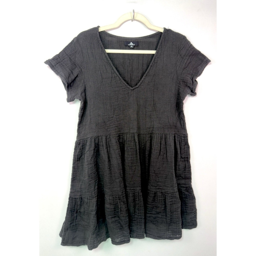 Rip Curl Black Cotton Gauze Babydoll Dress Womens M V Neck Tiered